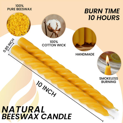 AGLARY 2PCS 10-Inch Pure Beeswax Spiral Taper Candles, Twisted Stick Candles, Dripless & Unscented for Weddings, Christmas, Dinner, Meditation - Natural Yellow