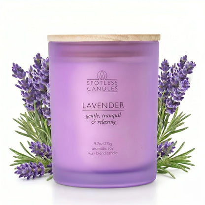 Lavender Candle; 9.7 oz:, 55 Hrs Burn Time, Soy Wax Purple Frosted Jar with Crackling Wooden Wick & Luxury Gift Box: Lavender Scented Candle by Spotless Candles