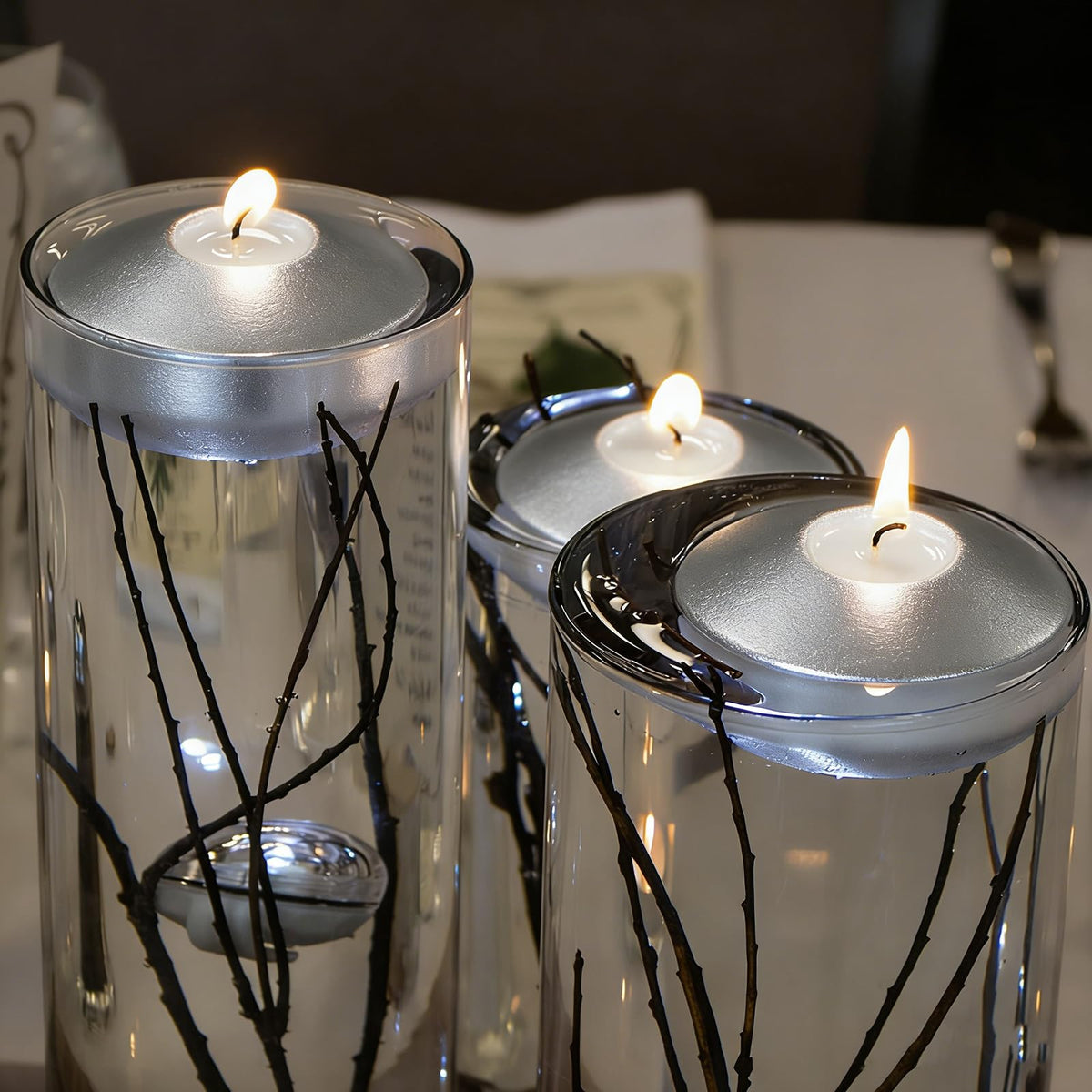 Silver Floating Candles 3 Inch 12 Pack – Paraffin Wax Floating Candle for Weddings, Parties, Winter Events & Home Décor – Clean Burning & Long Lasting
