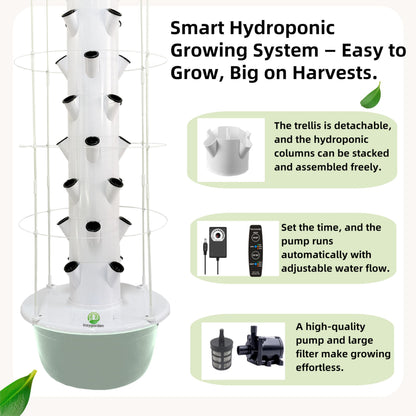 Hydroponic Growing System Kit, Vertical Hydroponic Tower with Trellis, Indoor & Outdoor Herb Garden, Vegetable Tower with 40 Planting Pods, Automatic Timer, Ideal for Gardeners & Beginners