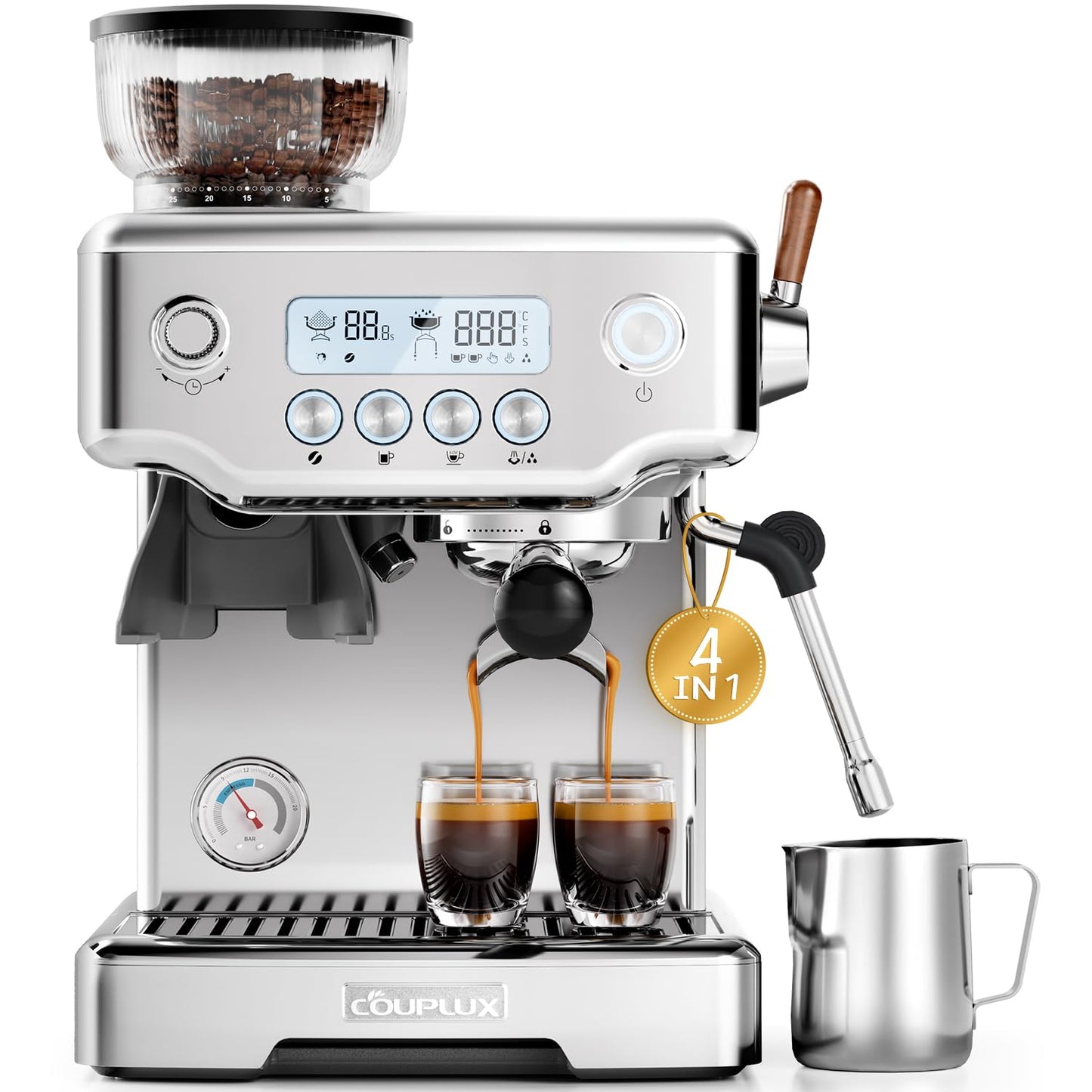 COUPLUX Espresso Machine with Grinder, 205℉ MAX Temp Control Expresso Coffee Machines 58MM Professional 15 Bar Espresso Maker with Milk Frother Steam Wand Perfect Americano Cappuccino & Latte for Home
