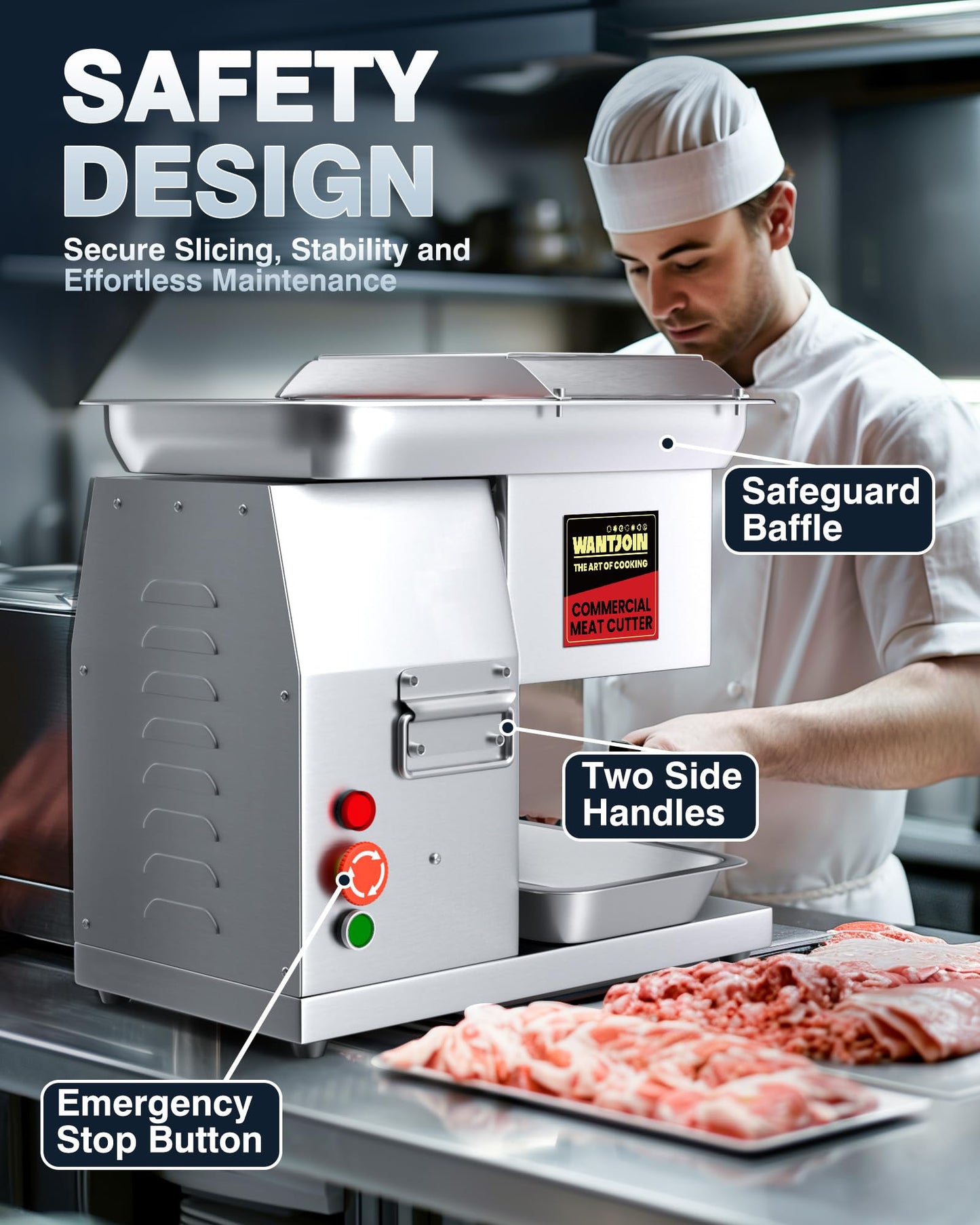 WantJoin Commercial Meat Cutter Machine - Electric Meat Cutting Machine, Meat Shredding Machine 3mm Blade Commercial Meat Slicer Stainless Steel for Kitchen Restaurant 1100LB/H 800W