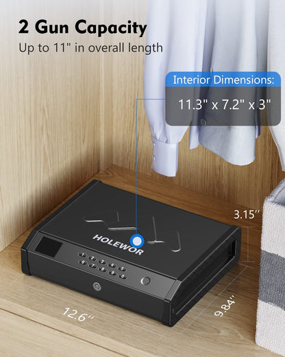 HOLEWOR Gun Safe, Biometric Gun Safes for Pistols with LCD Display of Temperature Humidity, Fingerprint Quick Access Pistol Safe Solid Handgun Safe with USB C Port