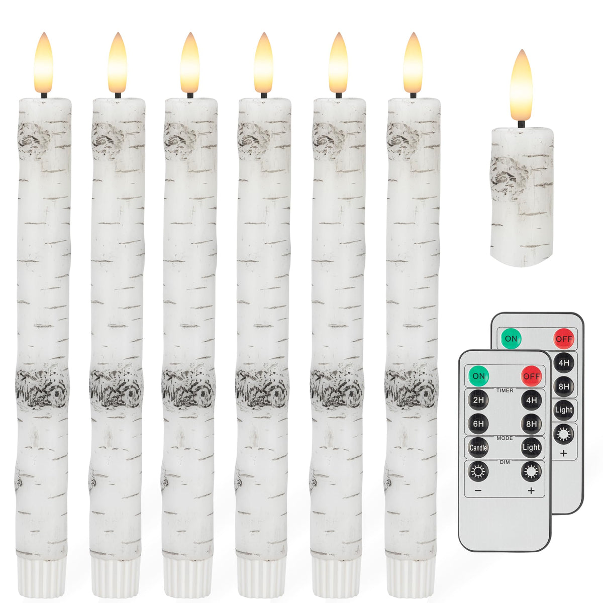 Birch Bark Flameless Taper Candles with 3D Wick, 9.6" Real Wax LED Candles with 2 Remote and Timer, 6 Pack Flickering Candlesticks Battery Operated Electric Candle for Home, Wedding, Party, Decor