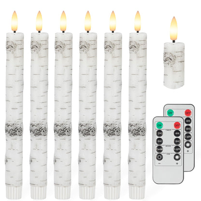 Birch Bark Flameless Taper Candles with 3D Wick, 9.6" Real Wax LED Candles with 2 Remote and Timer, 6 Pack Flickering Candlesticks Battery Operated Electric Candle for Home, Wedding, Party, Decor