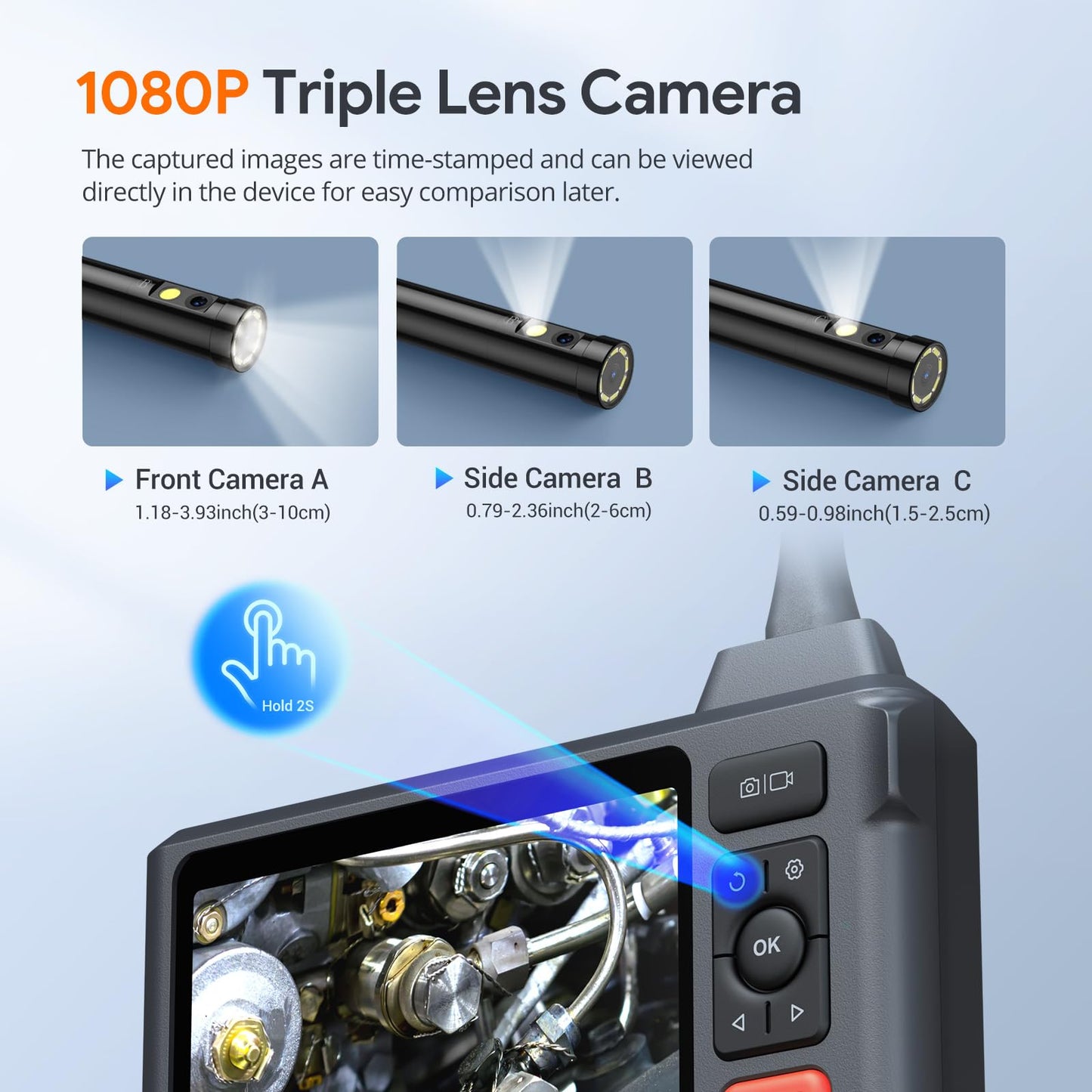DEPSTECH 50FT Endoscope Camera with Light: Triple Lens 5" IPS Screen Sewer Inspection Camera, 1080P Industrial Borescope, Split Screen, Semi-Rigid Cable, Waterproof Drain Pipe Tool, Carrying Case