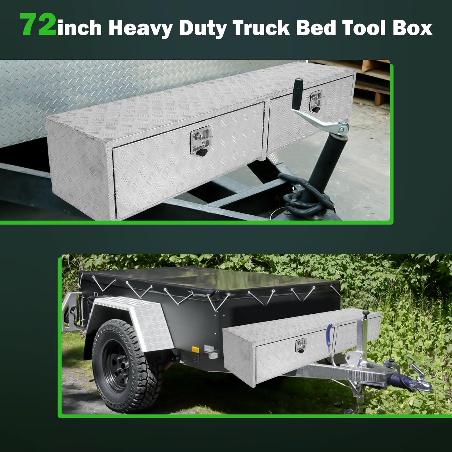 SCITOO 72" Aluminum Diamond Plate Truck Bed Tool Box,Heavy Duty Crossover Storage for Most Full Size Pickups,Lockable Weatherproof Chest,Fits 72"WX16"DX16"H Truck Beds,Easy Access to Load and Unload
