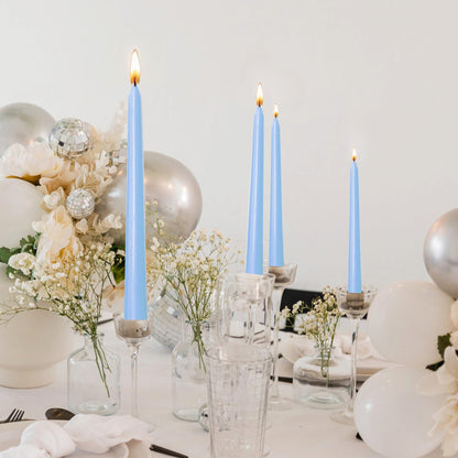 Axiom Candles - 10 Inch Dripless - Unscented Smokeless Tall Candle Sticks - 9 Hour Burn Time - Tapered Candles for Home, Dinners, Weddings, Parties (Taper Candle, Baby Blue, Pack of 10)
