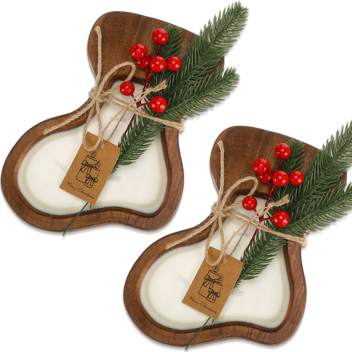 MTLEE 2 Pack Christmas Wood Dough Bowl Candle Socking Wooden Candle Bowl 3 Wick Xmas Farmhouse Decoration with Berries Pine Label for Christmas Table Centerpiece Birthday Gift Home Party Decor