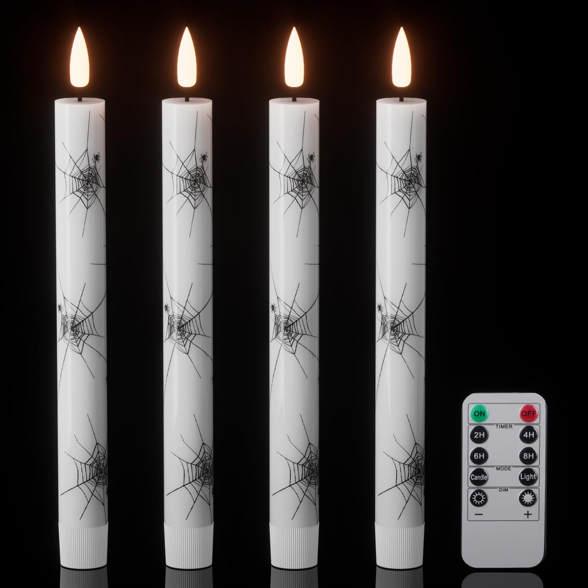 Wondise Halloween Flameless Taper Candles with Remote & Timer, 4 Pack Spider Web Halloween Candles Battery Operated Real Wax LED Flickering Candlestick for Halloween Table Decorations, 02020051