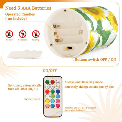 WEVIBOFU Painting Yellow Sunflowers Flickering Flameless Candles LED Battery Operated with Remote Timer Pillar Candles for Home Birthday Wedding Christmas Decor, Set of 2