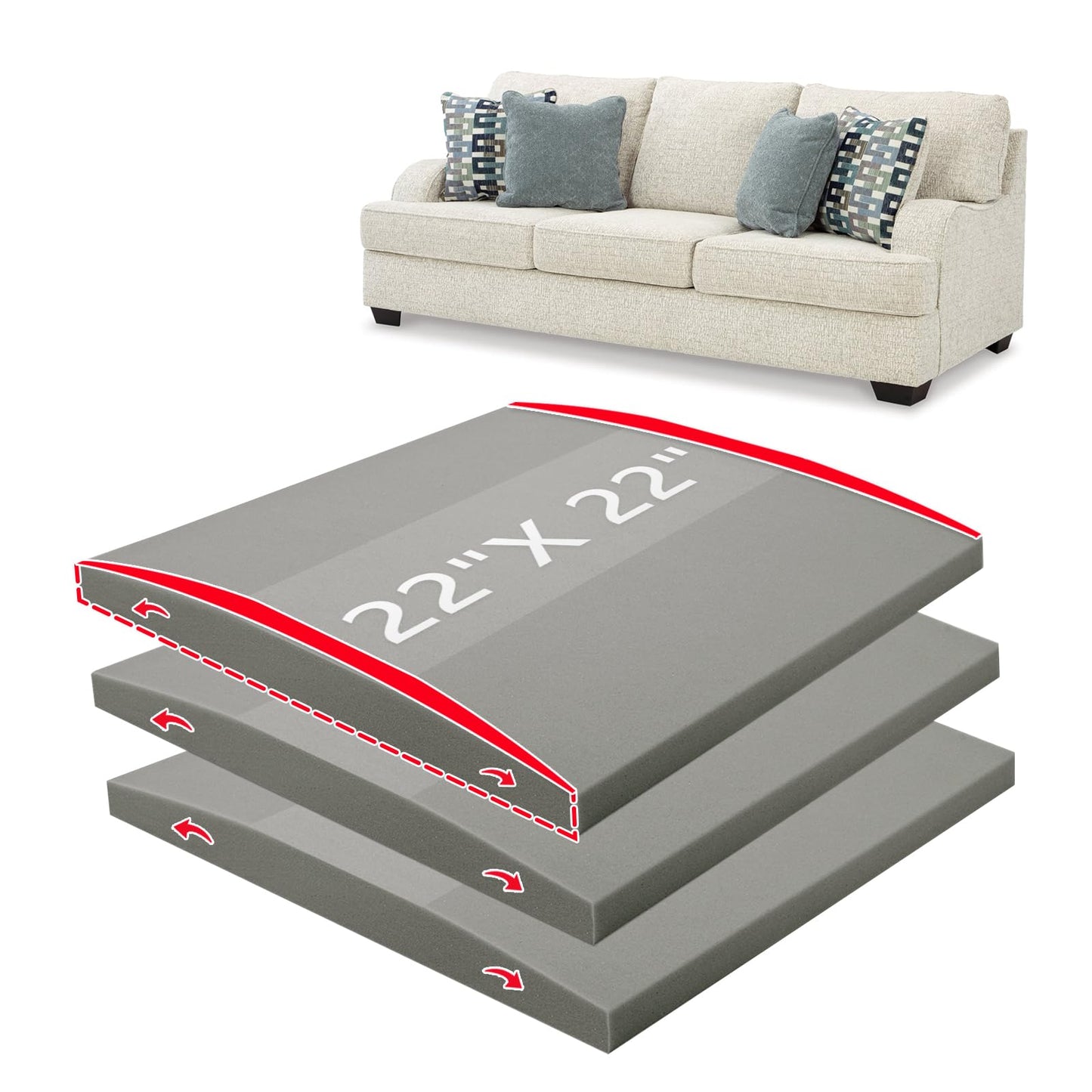 HAVARGO Couch Cushion Support High Density Foam 22X22X2.4 Inches Sofa Couch Supports for Sagging Cushions Light Grey 3Pc with Anti Slip Mesh Fabric