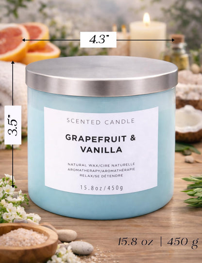Grapefruit Vanilla 3-Wick Soy Candle | 15.8 oz Large Scented Candle for Home | Highly Scented Aromatherapy Candle for Women | Luxury Citrus Vanilla Candle Gift | Clean Burn Long Lasting