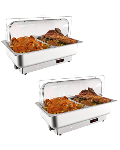 Garvee Electric Chafing Dish Buffet Set, 2 × 4.5 QT Roll Top Food Warmer with Transparent PC Lid, 400W Temperature Control 86-200°F, Stainless Steel Chafer for Catering Parties(2 Packs)