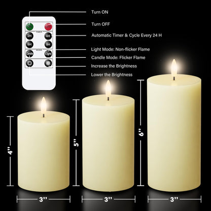 JOIONE Flameless Pillar Candles with Remote, 3 Pack Battery Operated Real Wax LED Candles, Perfect for Home Decorations Fireplace Table, Ivory