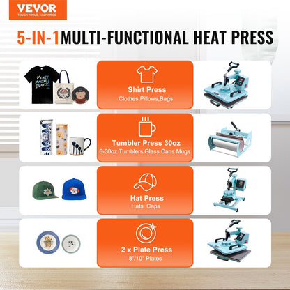 VEVOR 8 in 1 Heat Press with 30 OZ Tumbler Press, Hat Press, 360° Swing Away 12 x 15 inch Heat Press Machine for T-Shirts/Mugs/Hats/Plates, Light Green