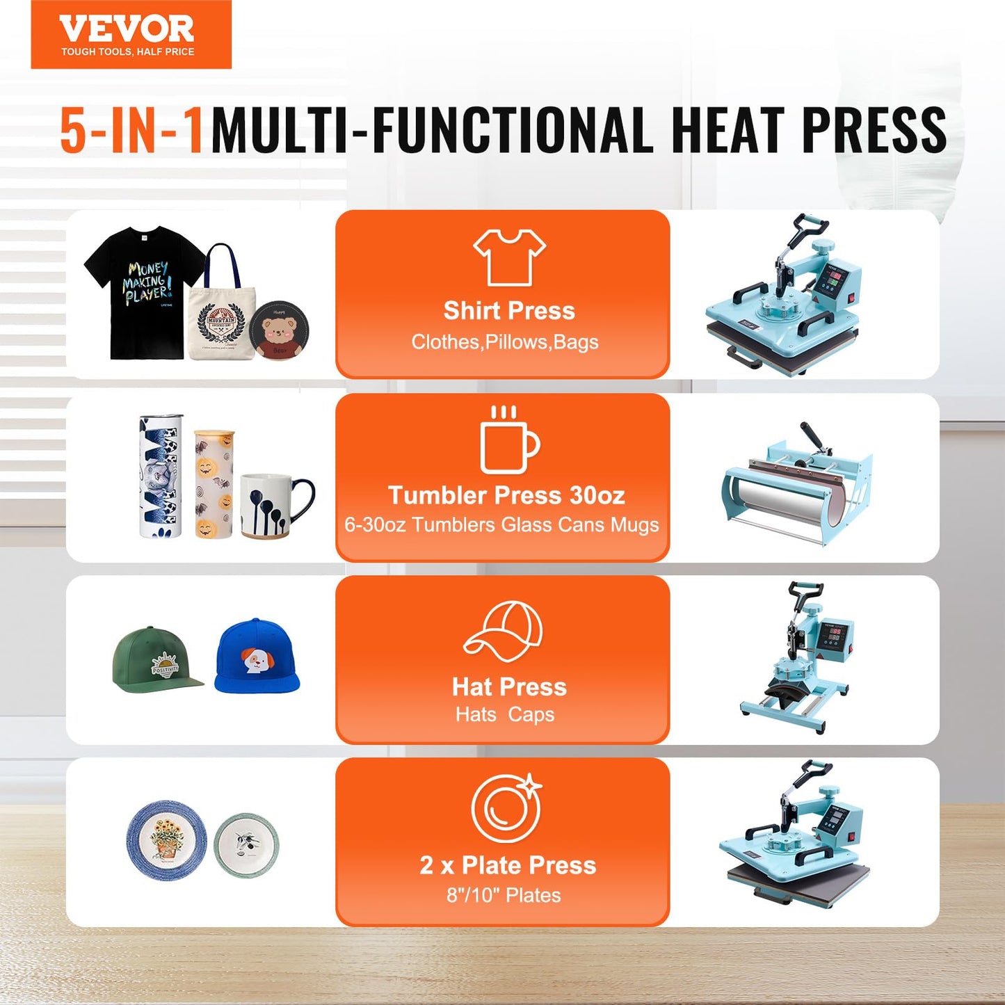 VEVOR Heat Press Machine, 12 x 15 inch, 5 in 1 Heat Transfer Machine with 30 oz Tumbler Press, 360° Swing Away T-Shirt Pressing, Digital Precise Control, for T-Shirts/Mugs/Hats/Plates, Green
