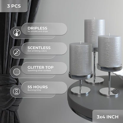 CANDWAX 3x4 inch Pillar Candles Set of 3 – Unscented Dripless Silver Candles for Event Decor, Weddings, Home Use
