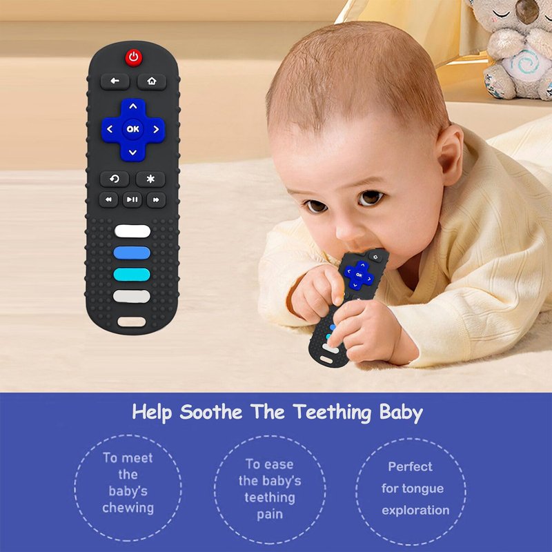 ROBBEAR Baby Teething Toys, Food Grade Silicone Teether for Babies 3 6 12 18 Months, TV Remote Shape Toddlers Chew Toys, Freezer BPA Free (Purple+Khaki)