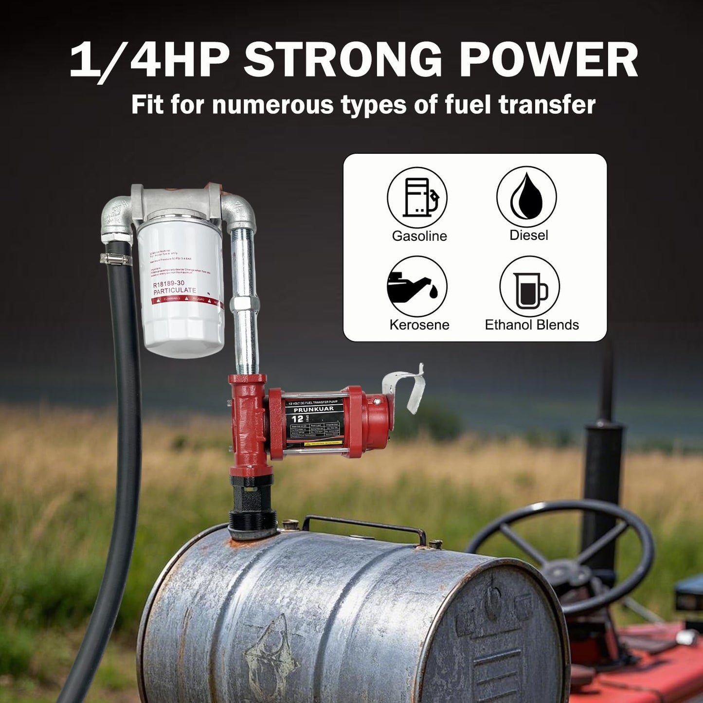 12V DC 12GPM Gasoline Fuel Transfer Pump Kit, Overheat Protection, Explosion-proof, Suitable for Gasoline, Diesel, Mineral Oil, Kerosene with Particulate Filter with Automatic Nozzle & Hose Kit