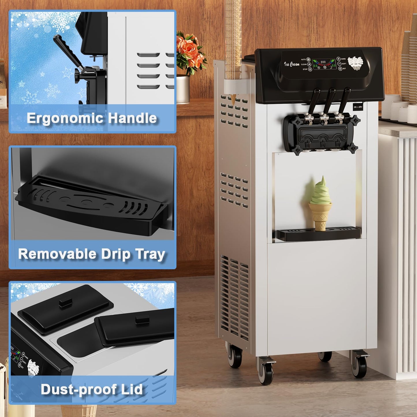 PioneerWorks Commercial Ice Cream Machine, 20-28L/H Yield, 2200W 7L X 2 Capacity, LCD Display, Auto Clean Adjustable Hardness 3 Flavor for Restaurant Snack Bars