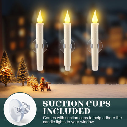 Enhon 12 Pack Battery Operated LED Window Candles, Dusk to Dawn Light Sensor, with Black Holders and Suction Cups, Ivory Christmas Window Candles, Amber Flicker Flame (Batteries AA Included)