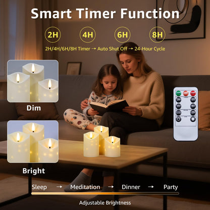 uuffoo Flameless Candles with Timer 3Pc Battery Operated Flickering Pillar Candle w/Remote, 3D Wick Acrylic LED Pillar Candles for Halloween Christmas Home Decoration (Ivory)