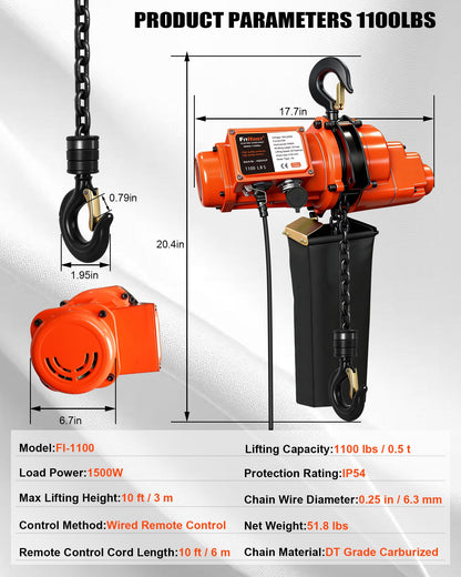 FITHOIST Electric Chain Hoist, 1100 lbs Electric Hoist with 20 ft Wired Remote Control, 10 ft Lifting Height, 1500w Single Phase Overhead Crane with Chain for Factories, Warehouses, Garages, Home