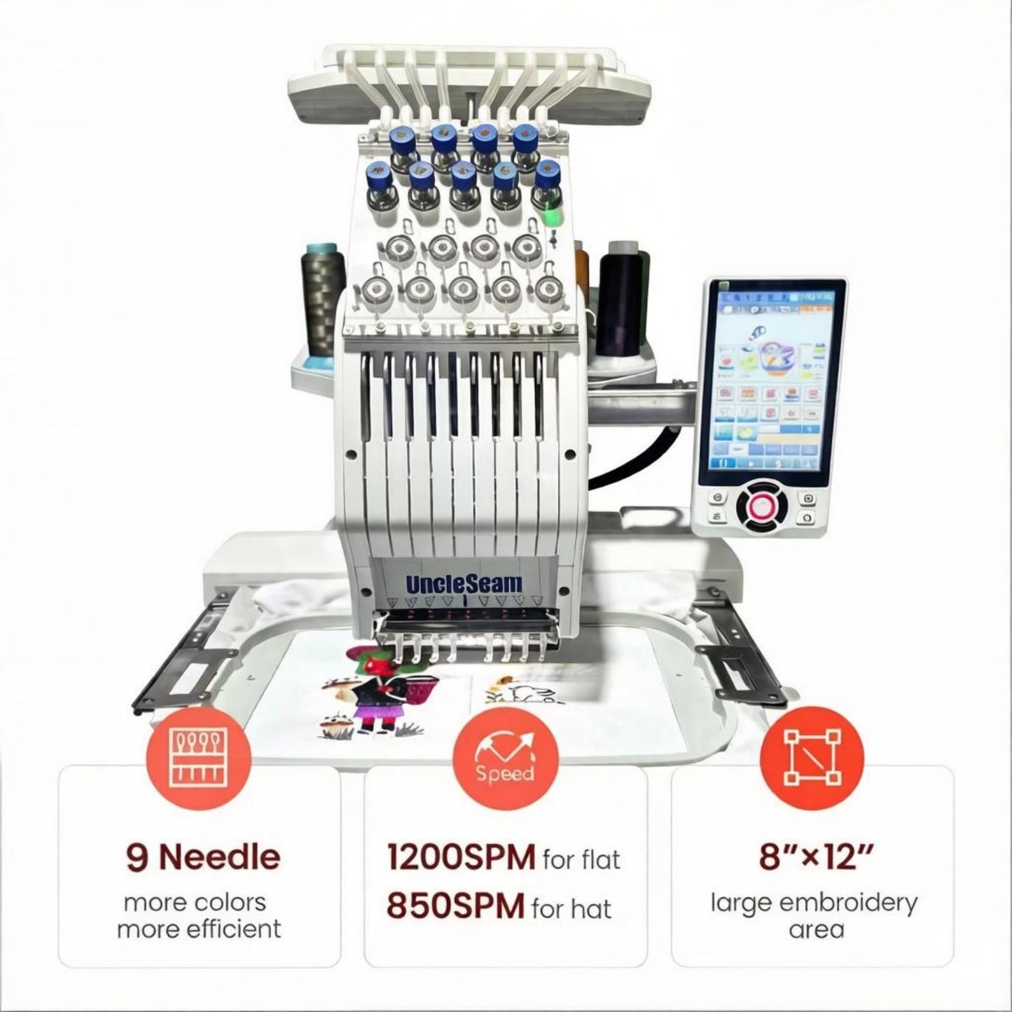 Compact Embroidery Machine with 9 Needles, 1200SPM Max Speed, 10“ Touch Screen, 8"x12" Embroidery Area, For Flat, Hat, T-shirt etc.
