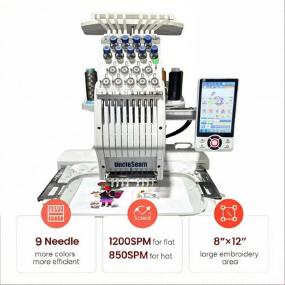 Compact Embroidery Machine with 9 Needles, 1200SPM Max Speed, 10“ Touch Screen, 8"x12" Embroidery Area, For Flat, Hat, T-shirt etc.