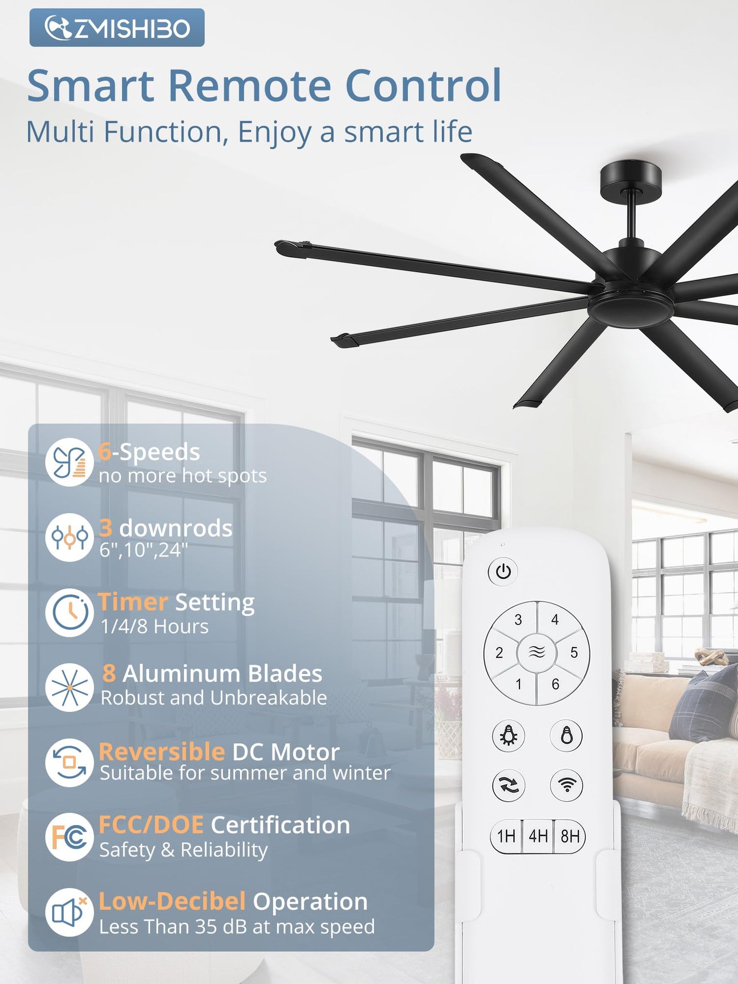 ZMISHIBO 84 Inch Large Ceiling Fan No Light, 8 Aluminum Blades, 6-Speed Remote Control, Industrial Ceiling Fan without Light, Quiet DC Motor, Indoor/Outdoor Ceiling Fans for Patio, Garage, Shop, Black
