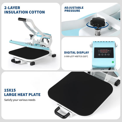 Garvee Heat Press,15x15 Heat Press Machine, Digital Industrial Sublimation Printer for T Shirts, High Pressure Fast Heating Transfer Vinyl Press, Easy to Use,Green