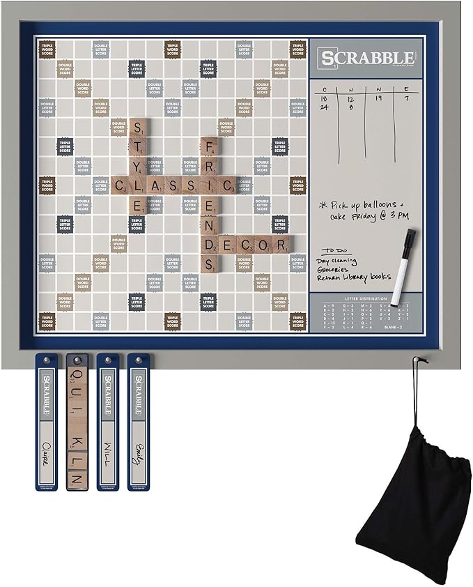 WS Game Company Scrabble Deluxe 2-in-1 Wall Edition Oversized 30 x 24 Wood Frame Magnetic Tiles &amp Dry Erase Message Board Hangable Home Decor Family Word Board Games for 2-4 Players Ages 8+