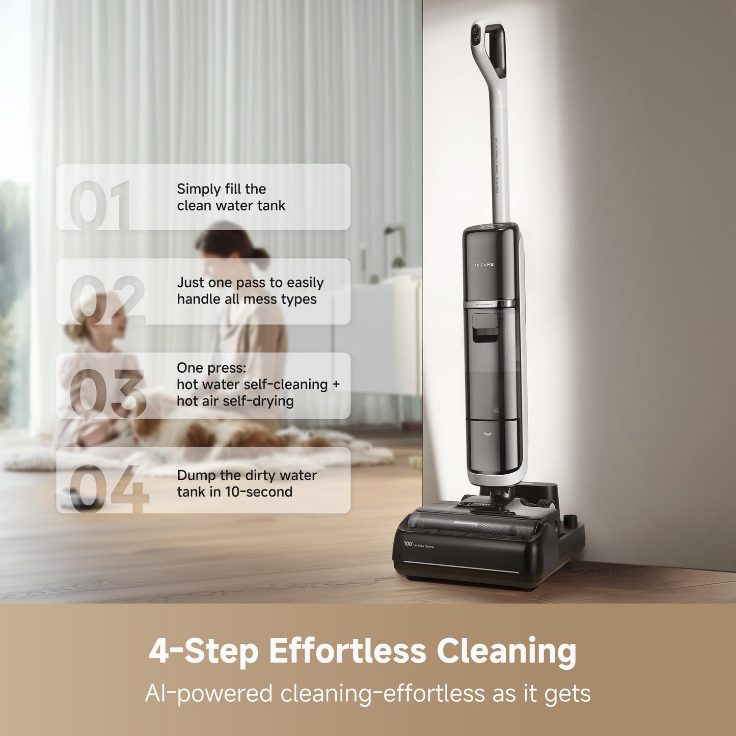 DREAME H15 Pro Heat Wet Dry Vacuum Cleaner, 185°F Hot Water Floor Cleaning, Cordless Vacuum Mop with GapFree AI Robotic Arm, 22KPa Suction, 0 Hair Tangle, 212°F Self-Clean, 194°F Hot Air Drying