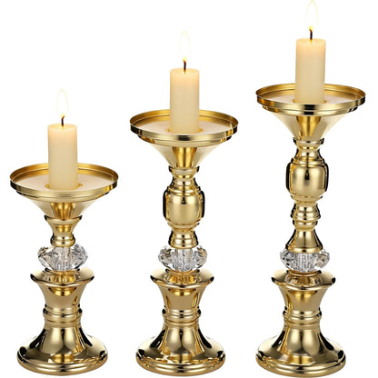 3 Pcs Gold Pillar Candle Holders Set, Elegant Metal Crystal Candlestick Stands, Gourd Shape Wedding Centerpieces Decor, Weighted Base Tabletop, 5.91-8.46 in Tall
