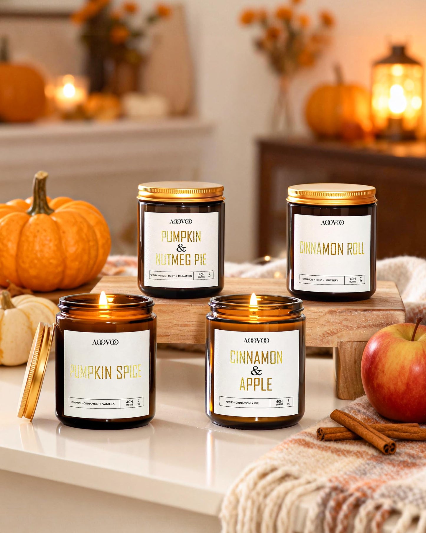 AOOVOO Fall Candles - 4 PC Scented Candle, 28 oz Soy Candles, Soy Candle for Home Scented,Cinnamon Roll/Cinnamon Apple/Pumpkin Nutmeg Pie/Pumpkin Spice
