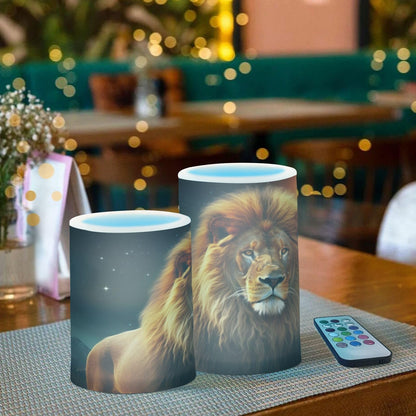 GOODOLD Flameless Candles with Remote Control and Timer, Night Sky Lion Flickering Candles Battery Operated LED Pillar Candles, Warm Light for Home Decor, Set of 2 (D 3" x H 4" 5")