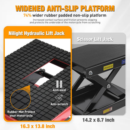 Nilight Motorcycle Lift Table Jack 300 LBS Heavy Duty Hydraulic Motorcycle Scissor Jack Lifts Table Foot Pedal with 4 Caster Wheels Wide Deck for Motorbike Dirt Bike ATV Garage Repair Tool, Red