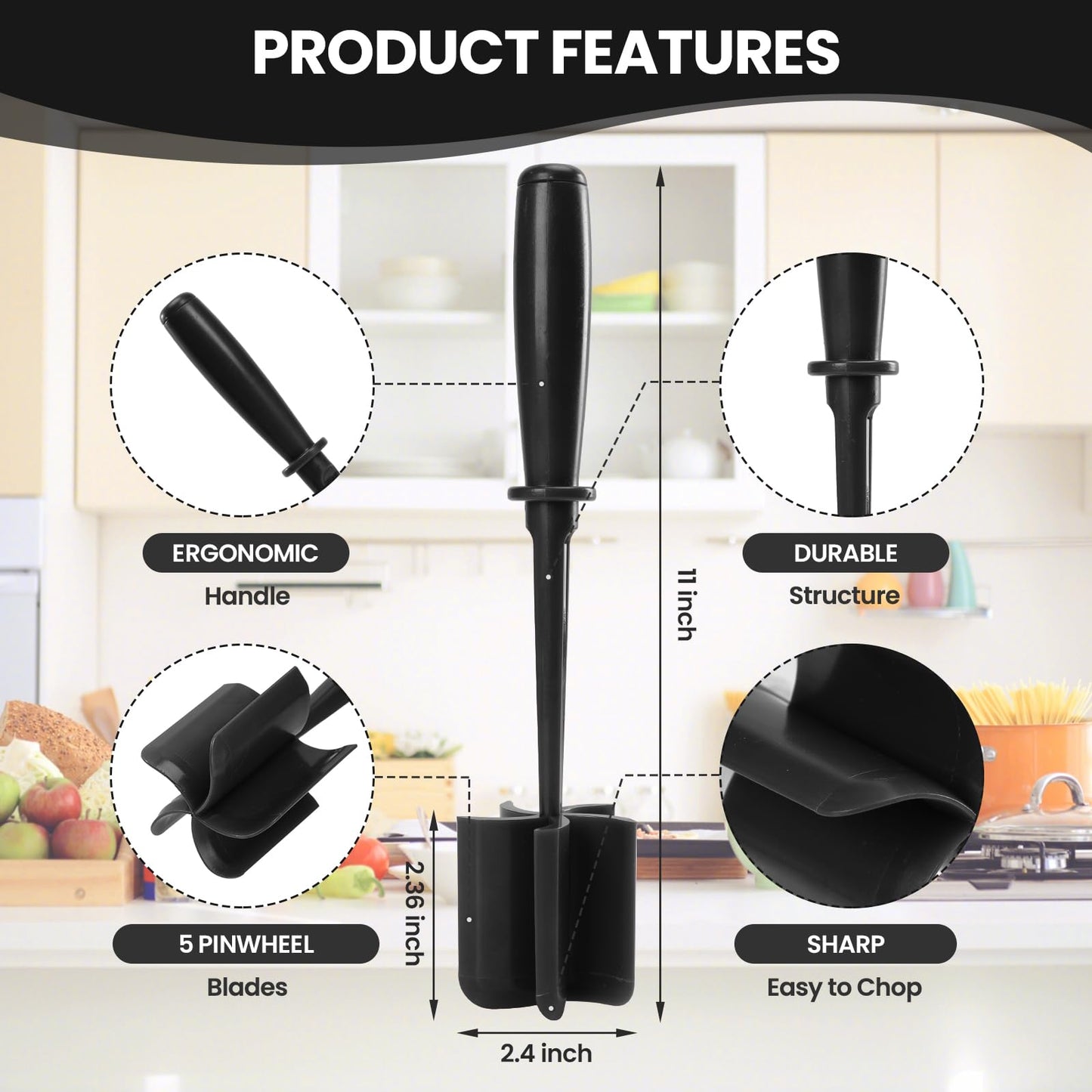 CUNSENR Premium Meat Chopper - 5 Curve Blade Ground Beef Smasher Tool - Heat-Resistant Nylon Meat Masher for Ground Beef, Hamburger, Potatoes - Non-Stick Ground Meat Chopper for Easy Mixing - Black