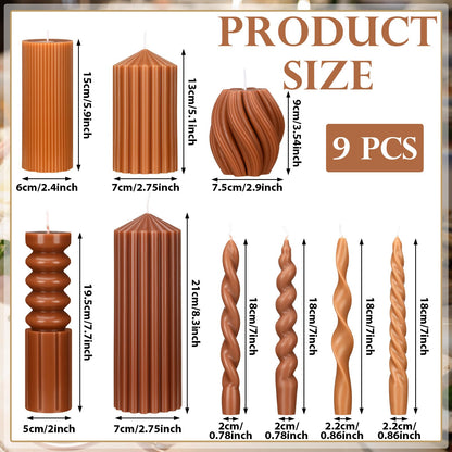 Nuanchu 9 Pcs Modern Decorative Candles Set 5 Pillar Aesthetic Ribbed Candles 4 Spiral Taper Twisted Candlesticks Scented Smokeless Soy Wax for Wedding Holiday Dinner Home Decorations(Brown)