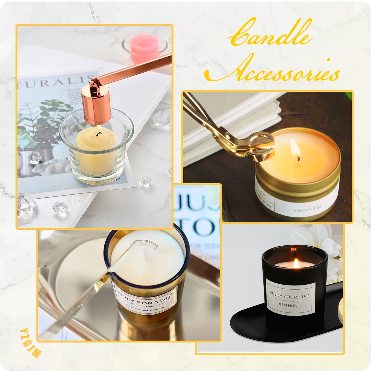 Exquisite Candle Accessories Tool Pack Bag, Rechargeable Electric Lighter， Wick Trimmer, Dipper, Snuffer and Tray Holder Elegant Kit Gift for Candle Lovers in Dating, Valentines Decor. ( Lemon Gold )