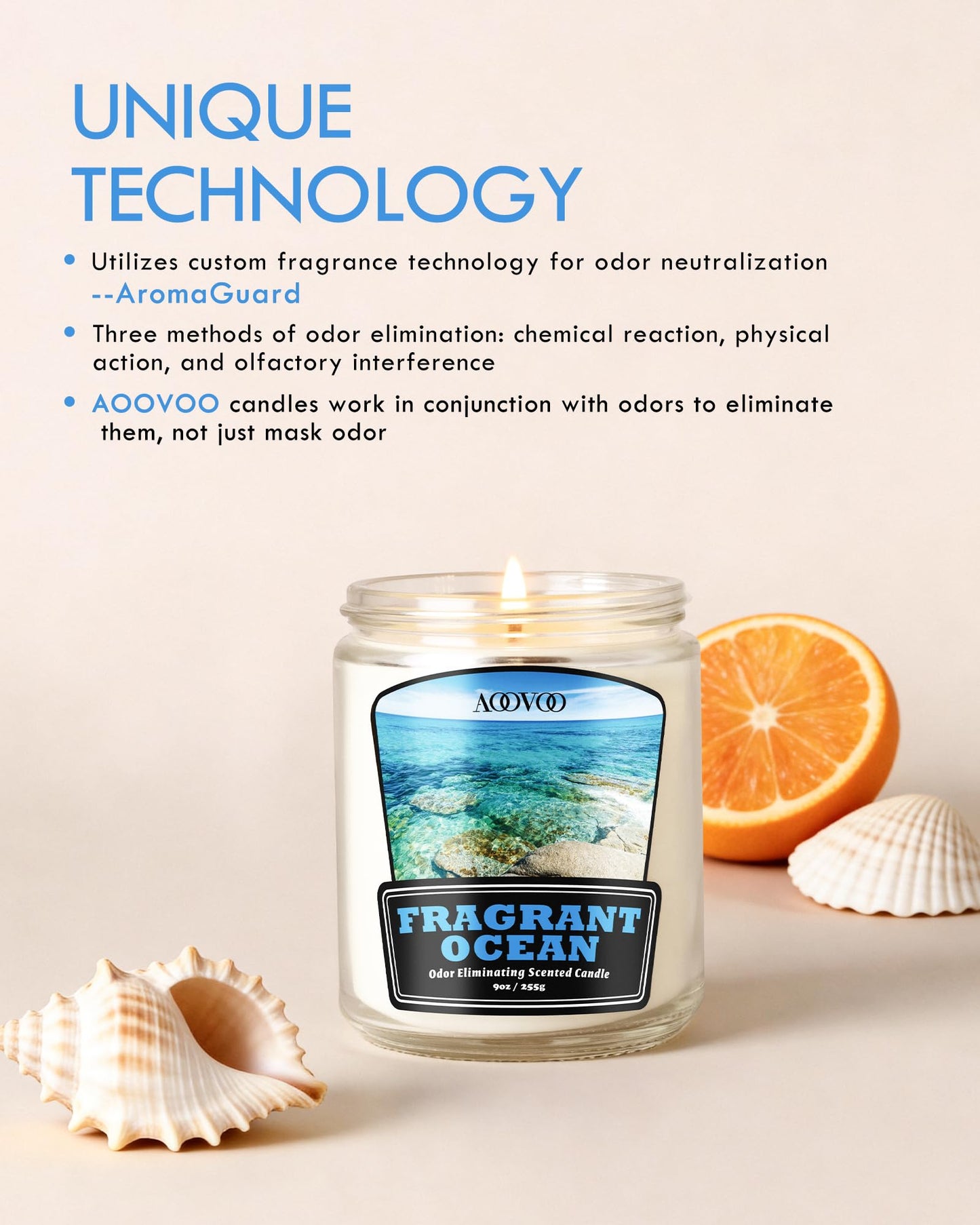 AOOVOO Fragrant Ocean Odor Eliminating Candle - Up to 50 Hours Burn time, Eliminates 95% of Pet, Smoke, Food, and Other Smells Quickly, 9 oz Non Toxic Highly Fragranced Air Freshing Soy Candle