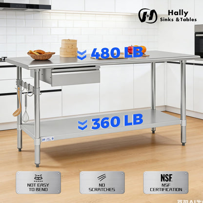 Hally 24 x 60 Inch Stainless Steel Prep Table, NSF Certified Commercial Kitchen Work Table with Drawer, Removable Stainless Steel Pan, Undershelf and Removable Hook for Restaurant Home Garage