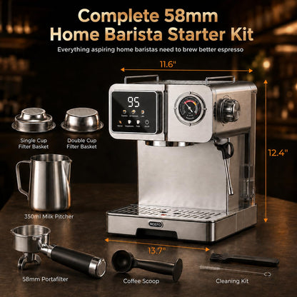 MOEFO 58mm Espresso Machine with Milk Frother, 20 Bar Semi-Automatic Coffee Maker, Visual Pressure Gauge & Touchscreen LCD Display, Professional Home Espresso Machine for Latte & Cappuccino, Silver