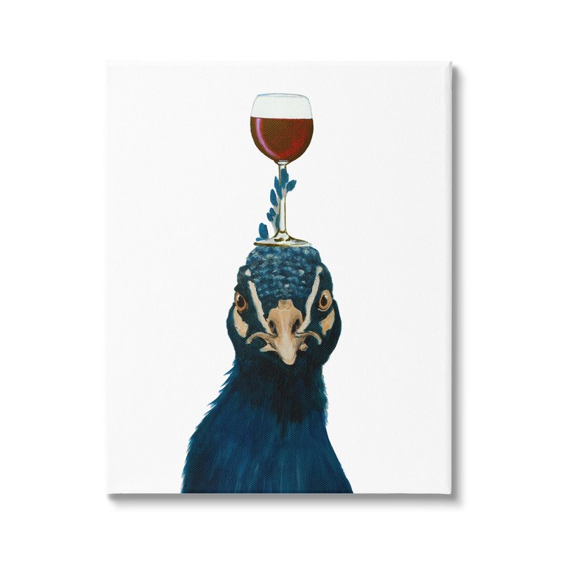 Stupell Industries Quirky Blue Peacock Balancing Wine Glass On Head,Design by Coco de Paris, 16 x 20