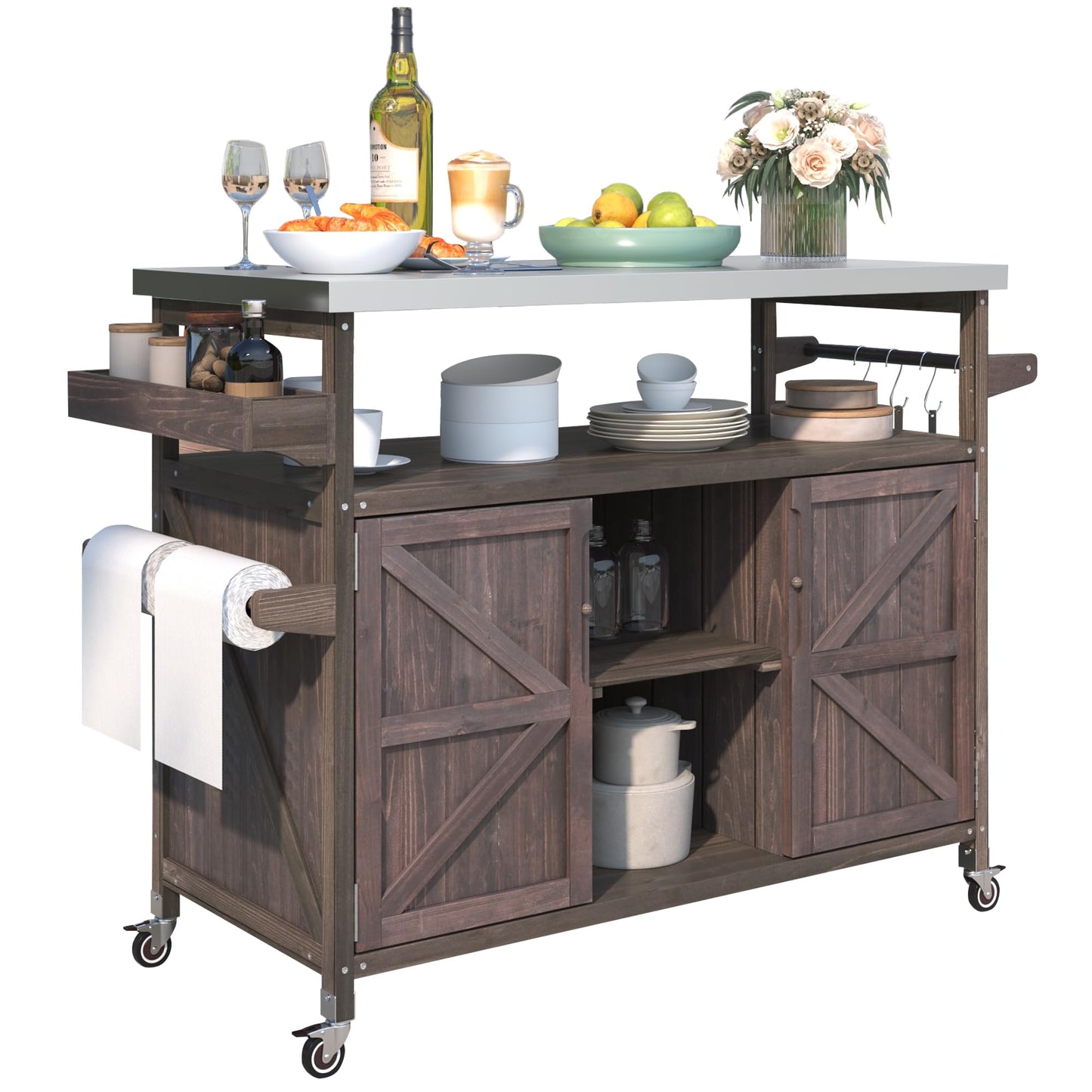 EOAWE Outdoor Grill Cart with Storage, Rolling Bar Cart and Lockable Wheels, Farmhouse Solid Wood Outdoor Grill Table with Stainless Steel Top, Spice Rack, Towel Rack for Kitchen and BBQ, Dark Brown