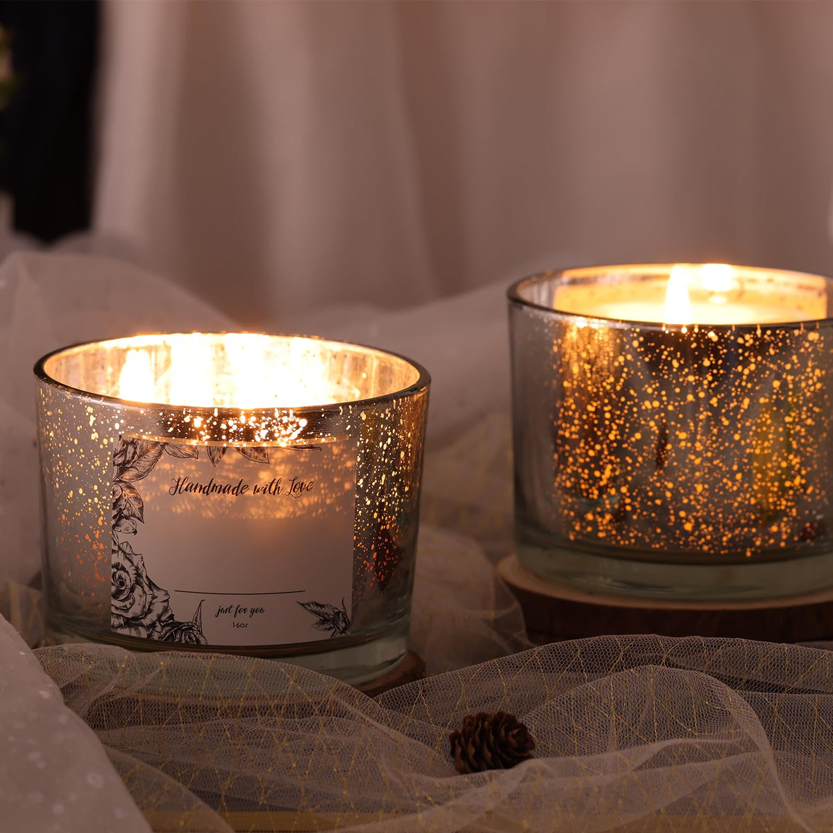 simeitol 16 OZ Speckled Silver Candle Jar for Making Candles 6 Pcs, Glass Candle Jars with Airtight Bamboo Lids - Empty Candle Jars Bulk with Sticky Warning Labels - for Home, Wedding, Christmas