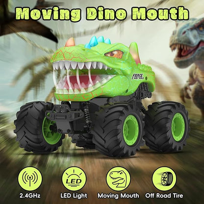 Dinosaur Remote Control Car 2.4GHz Monster Truck Toys Rechargeable RC Cars 1:24 Scale RC Truck with LED Light Movable Mouth Dinosaur Cars Toys for Kids Boys 6-8 8-12 Birthday Gift Green