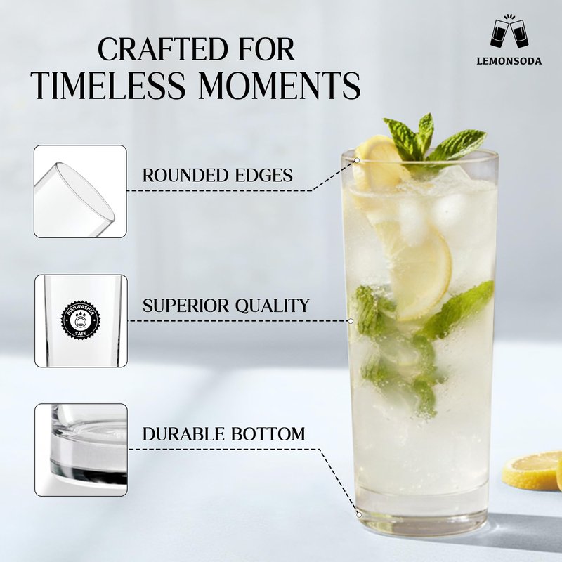 LEMONSODA Highball Glass Set | 15oz Set of 12 | Lead-Free Glass with Heavy Base | Dishwasher Safe Cocktail Glasses for Mojito Whiskey Iced Tea | Gift Box Included | Modern Durable Bar Glassware