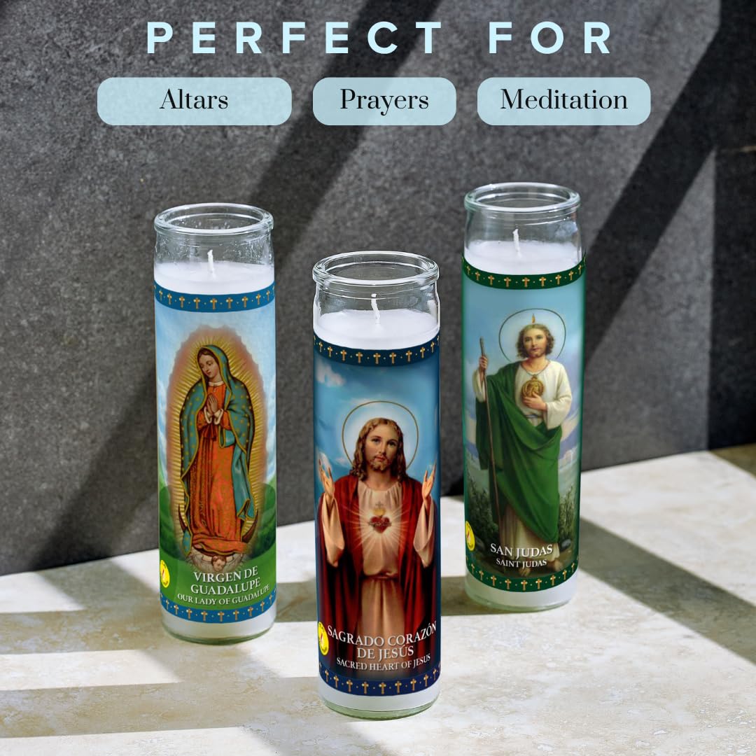 Simply Soson Religious Devotional Candle Set of 3, Virgin of Guadalupe, Sacred Heart of Jesus & Saint Jude, Catholic Glass Candles for Church and Home Devotion